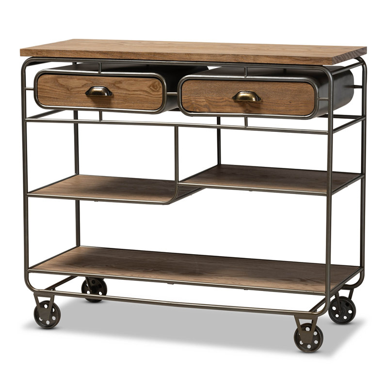Alisa 2-Drawer Wood/Metal Kitchen Cart in Oak Brown and Black Finish, 37.2'' H X 41.7'' W X 16.9'' D