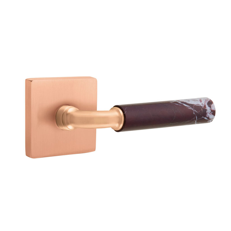 Ensemble de leviers de passage Emtek Select avec rosette carrée et tige R-Bar, levier en marbre Rosso Levanto, Gauche