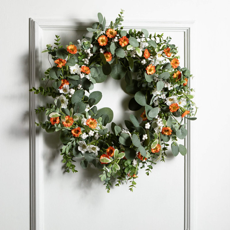 Mini couronne artificielle d'eucalyptus et de fleurs; Multicolore, L 23 po x H 23 po x P 5 po