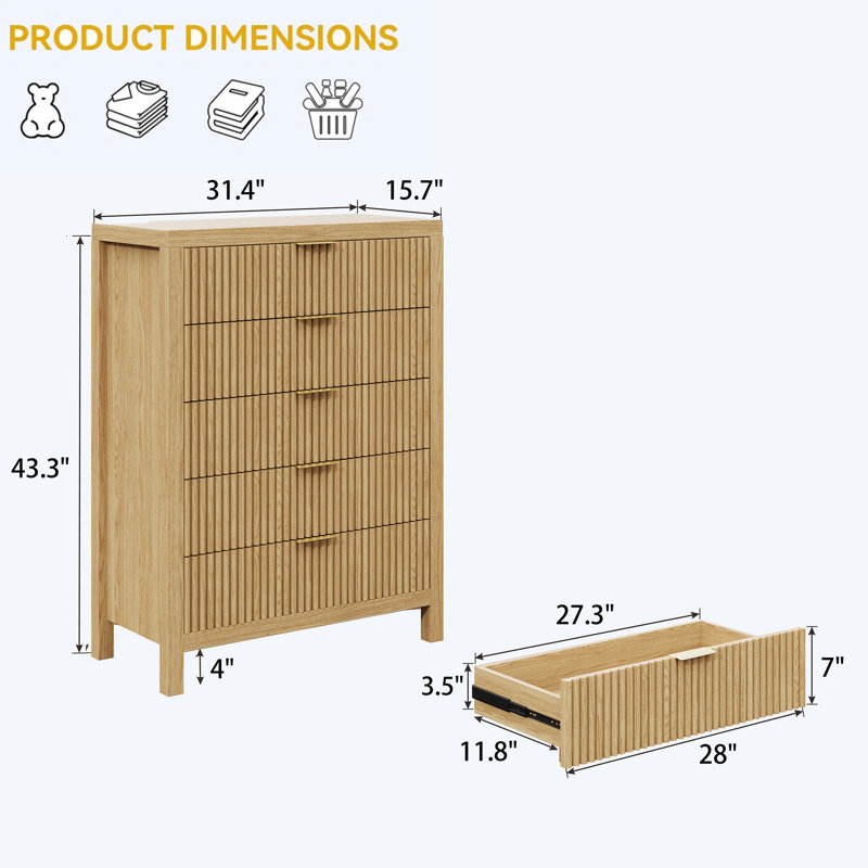 5 Drawer 31.4'' W Dresser, Natural