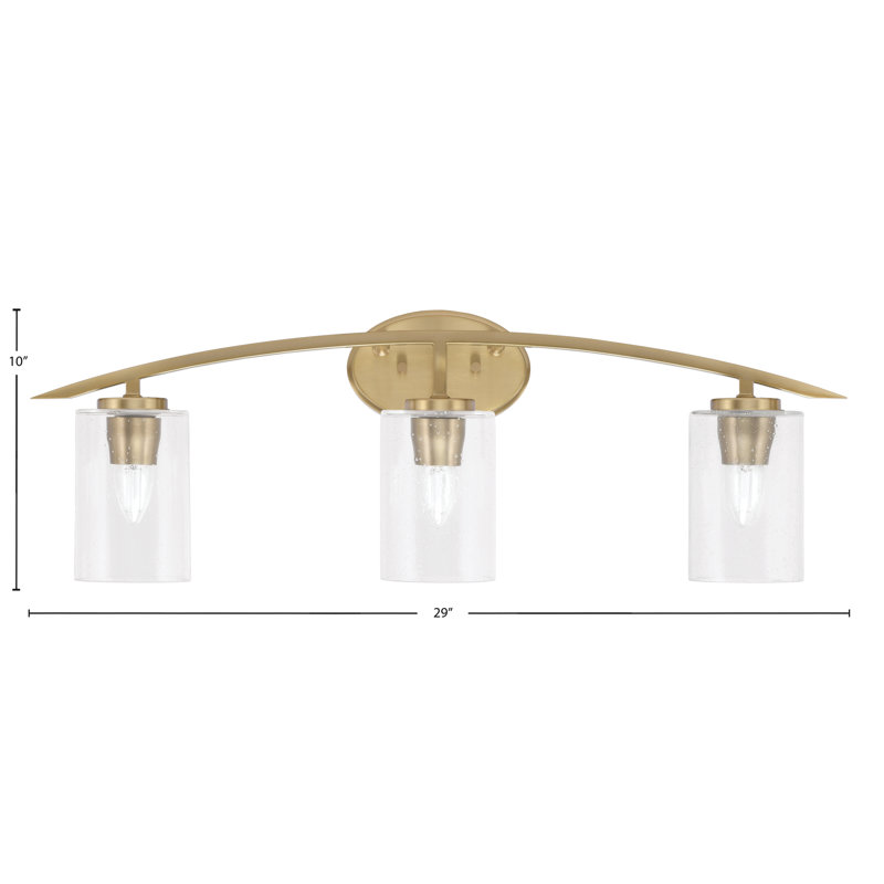 Barre d'éclairage de salle de bain 3 lumières avec verre à bulles transparent 4 po Kurve, Laiton