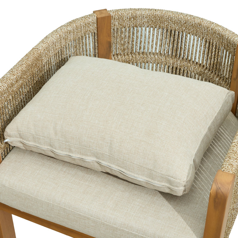 Gariepy Patio Acacia Wood Dining Chairs With Woven Rope & Cushions, Natural Beige Cushion/Brown Rope+Teak Frame