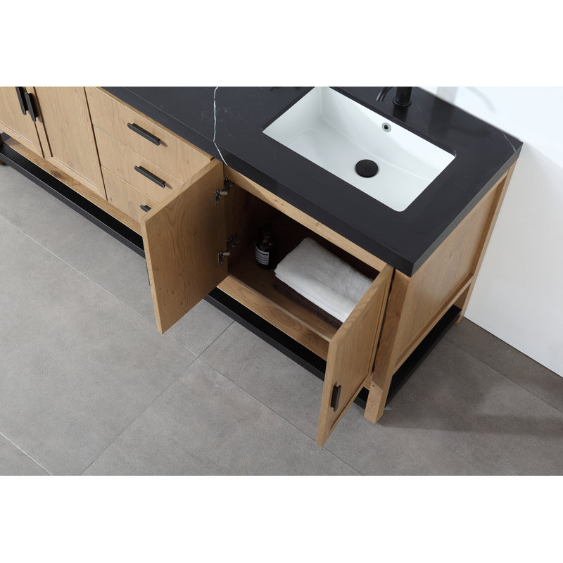 Winchester 72'' Natural Wood Veneer Plywood Bathroom Vanity with Engineered Quartz Top, Black, Pecan Oak