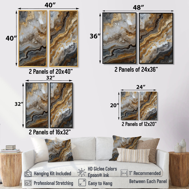 Or et gris, effet de marbre I - art mural abstrait en marbre, Noir, H 36 po x l 48 po, Impression encadrée flottante