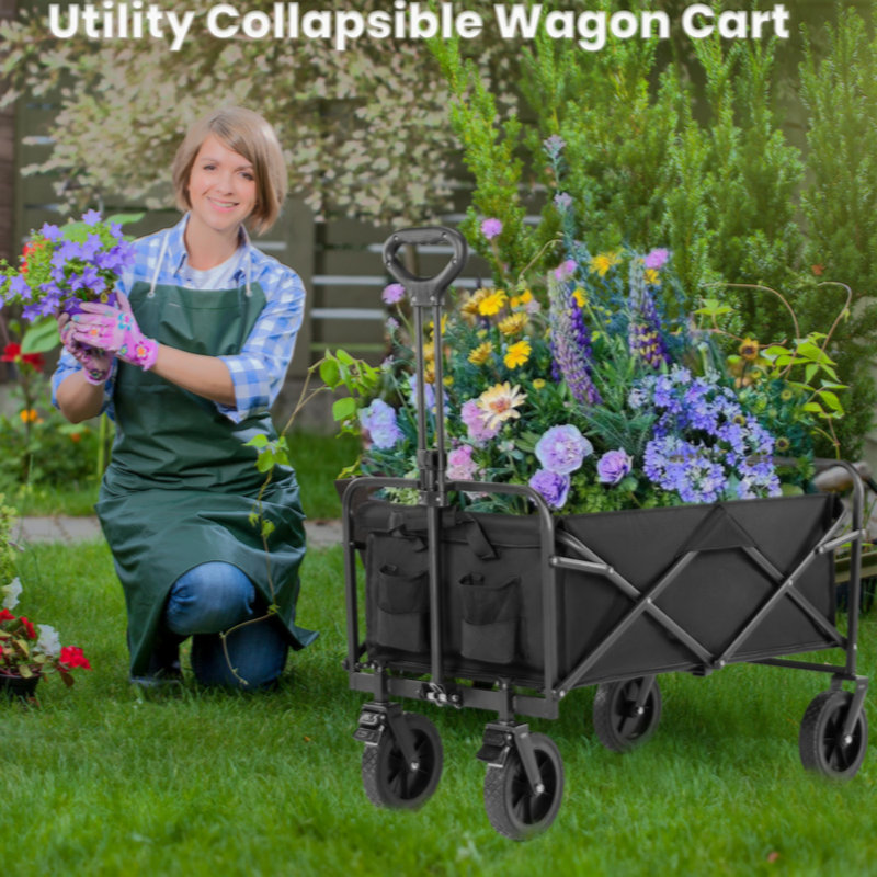 10.9 Cu. Ft. Black Metal Foldable Utility Wagon with Flat-Free Tires