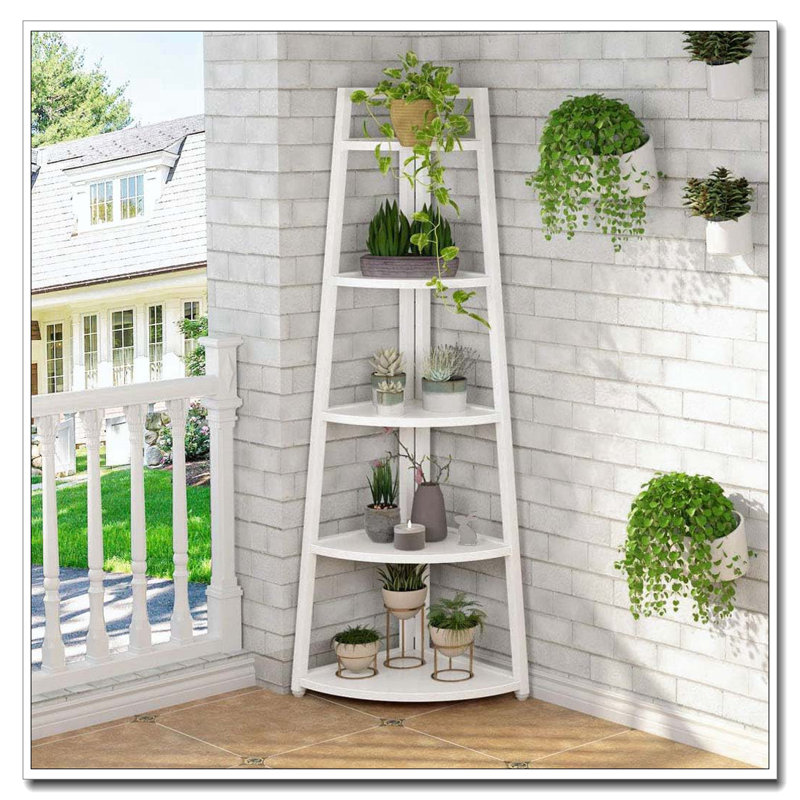 70.07" Tall Corner Shelf, 5 Tier Rustic White Corner Bookshelf Bookcase Industrial Corner Ladder Shelf, White