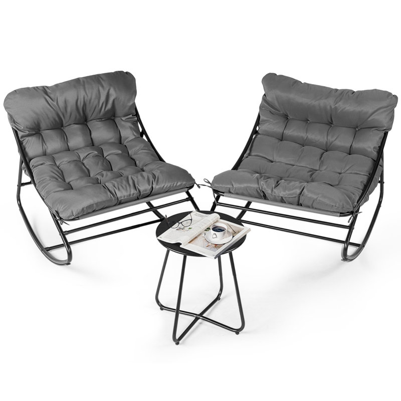 Ensemble de chaise berçante en métal 3 pièces avec coussins gris, Gris