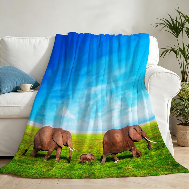 Jeté en flanelle bleue très douce, famille d'éléphants, imprimé recto, Jeté 50 po x 60 po