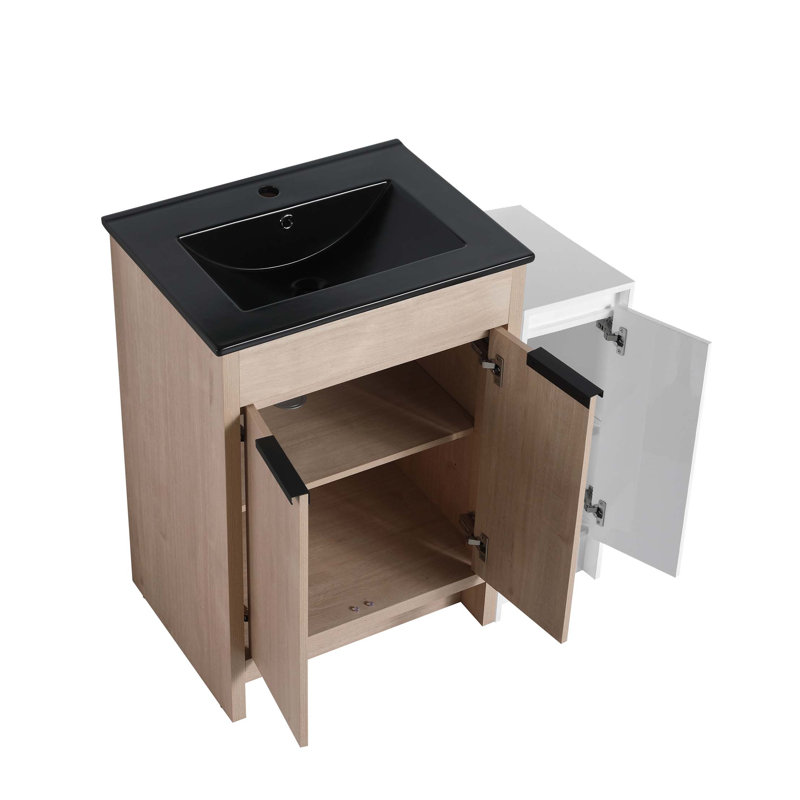 Meuble-lavabo autoportant avec lavabo en céramique et armoires de rangement, porte à fermeture douce, Noir