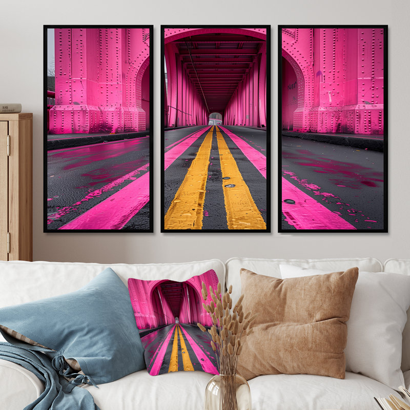 Rose, jaune, pont, pont, monochrome, ensemble d'art mural, H 28 po x l 36 po, Cadre flottant noir