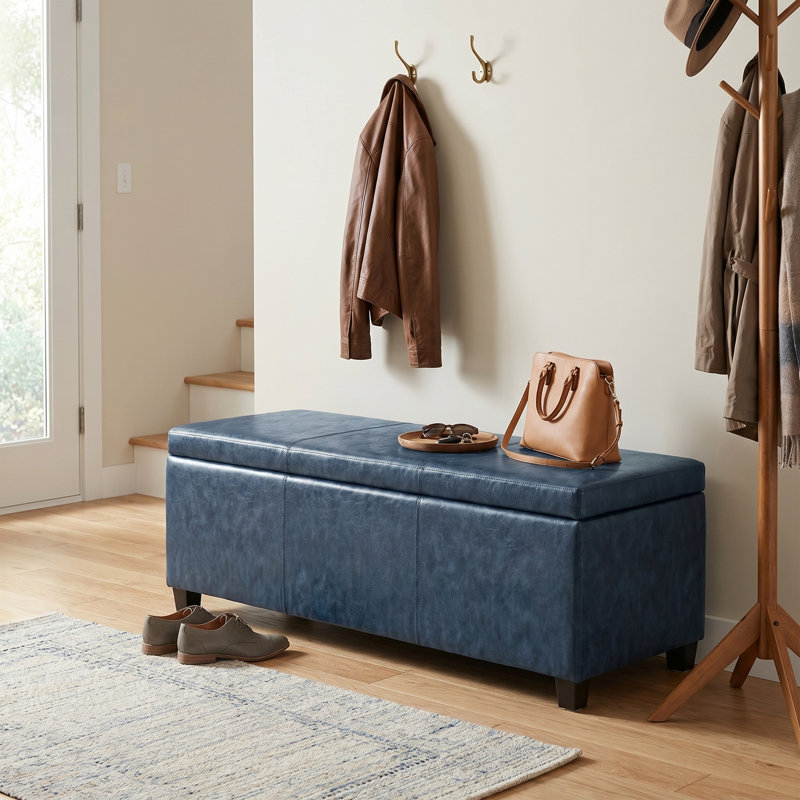 Banc rembourré avec rangement en mousse à haute densité de 48 po Avalon, Similicuir bleu denim