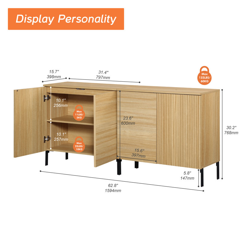 Union Rustic 63" Reeded Accent Cabinet Set With Adjustable Shelves, Modern Credenza Storage Cabinet With Doors For Living Room, Kitchen, Dining Room, Hallway