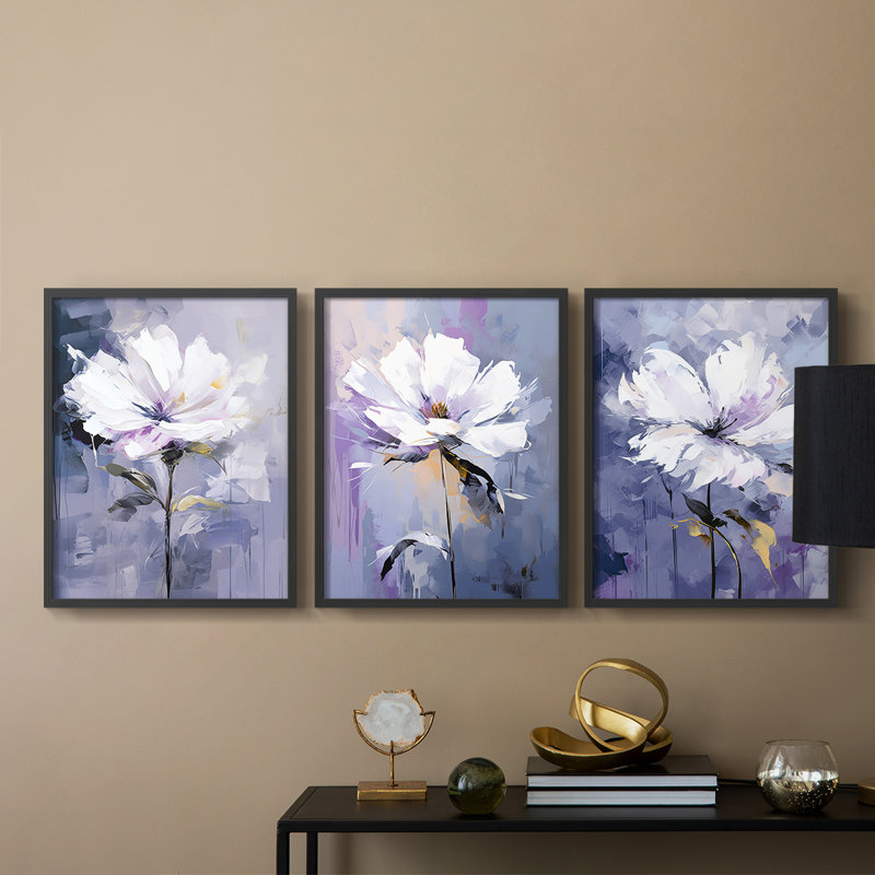 Étude florale, série CXL III, ensemble de 3 estampes numériques, prêt à, Cadre noir, H 28 po x l 22 po
