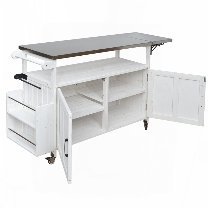 Îlot de cuisine pliable pour l'extérieur avec chariot verrouillable, Blanc