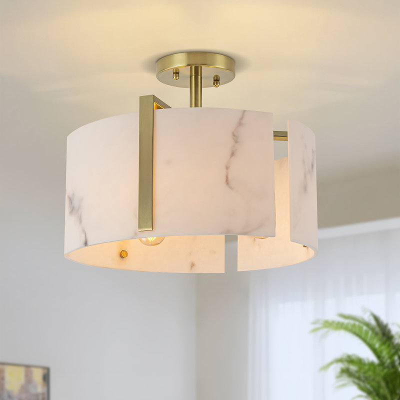 Plafonnier semi-encastré 3 lumières en albâtre naturel avec texture unique, Doré