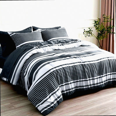 California Dreaming Charcoal Grey White Striped Bedding Set - 7 Piece Comforter Set with Sheets, Pillow Shams, Flat Sheet, Fitted Sheet, Pillowcases - Fits up to 18 Inches