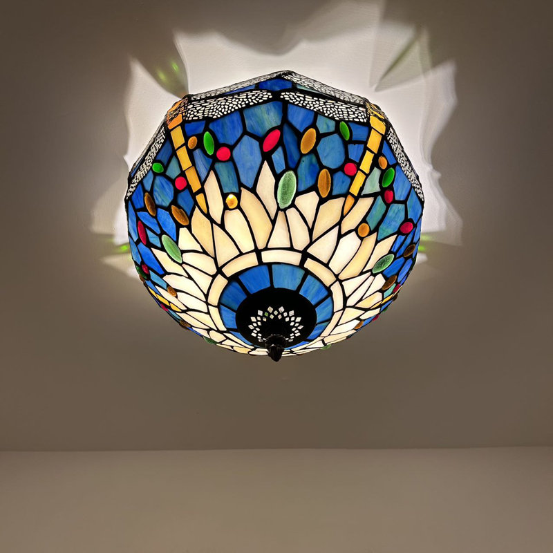 Plafonnier Tiffany avec ampoules à DEL en libellule en verre coloré bleu vert l 12 po x P 12 po x H 8 po, Beige/bleu