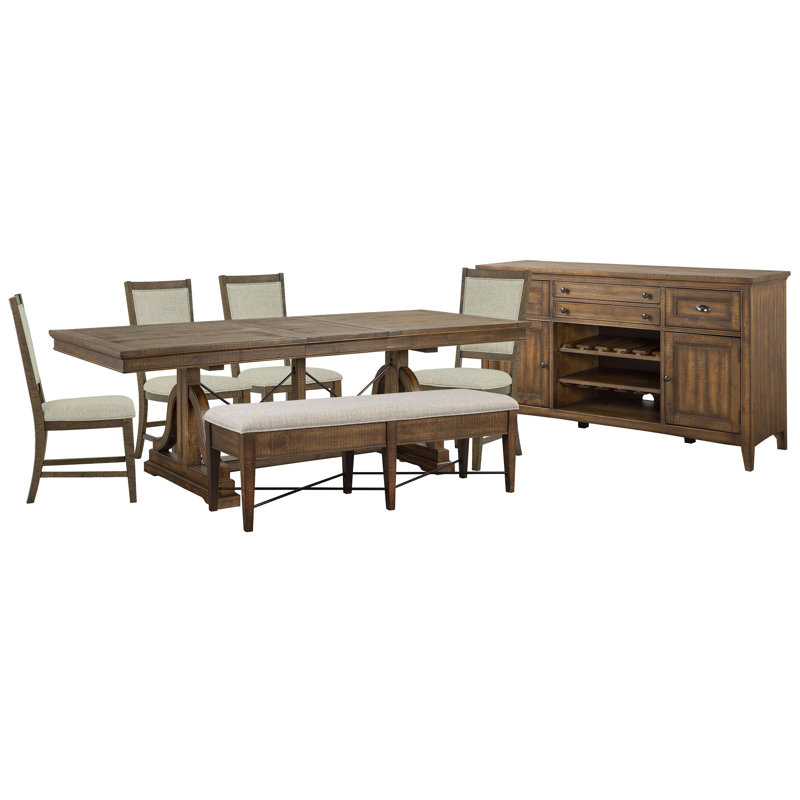 Extendable Trestle Dining Table With 4 Upholstered Side Chairs Upholstered Bench And Buffet
