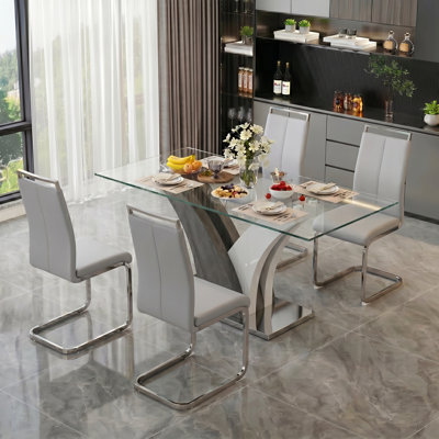 5-Piece Modern 63" Rectangular Tempered Glass Dining Set with Faux Leather Cantilever Chairs