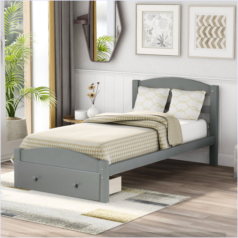 Structure de lit plateforme simple avec tiroir de rangement et support en lattes de bois sans sommier, Blanc