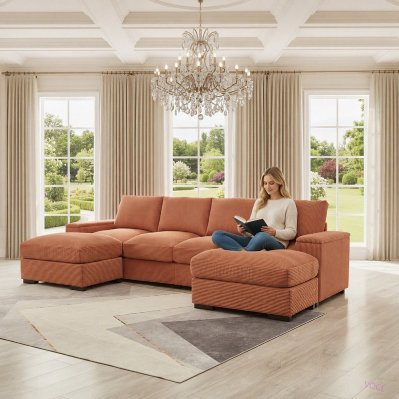 Canapé d'angle modulaire en forme de U Cloud de 122 pouces, canapé-lit en velours côtelé pour salon, moderne, petit espace, montage facile, 4 places avec 2 poufs