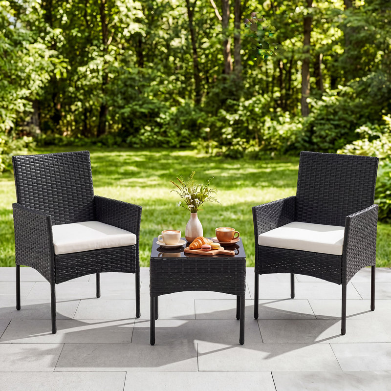 3 Piece Outdoor Wicker Conversation Set, Rattan Patio Bistro Set with Cushions & Glass Table, Black