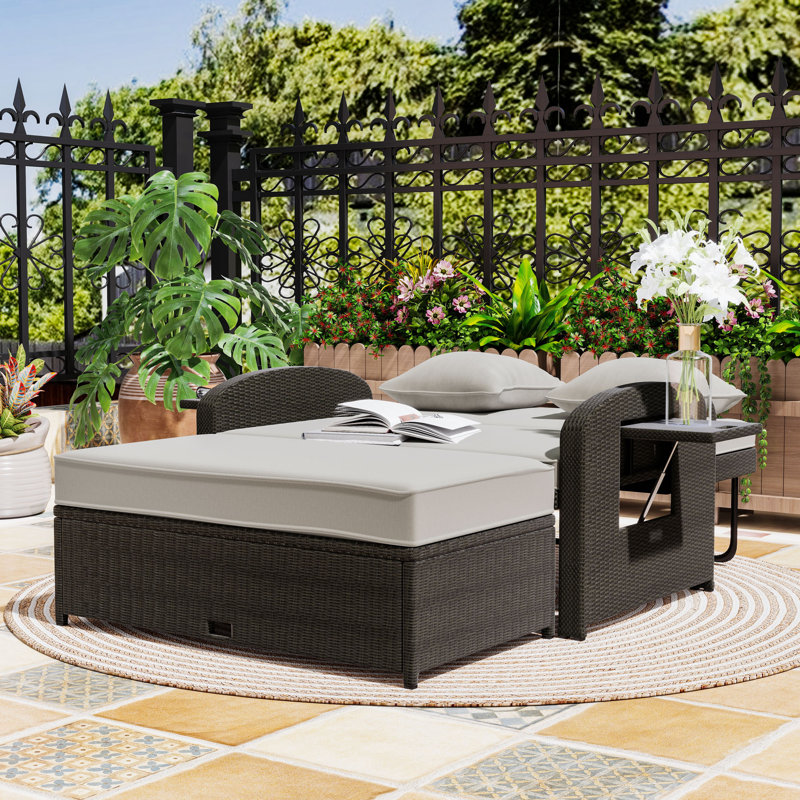 PE Rattan Double Chaise Lounge with Adjustable Backrest, Footrest and Comfortable Cushion, Brown, Gray