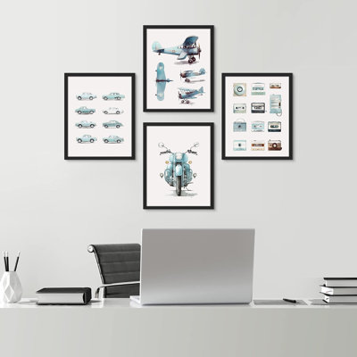 " Retro Vintage Motorcycle Car Airplane Collage Wall Art Set Of 4 Illustration Prints Contemporary " 4 - Pieces