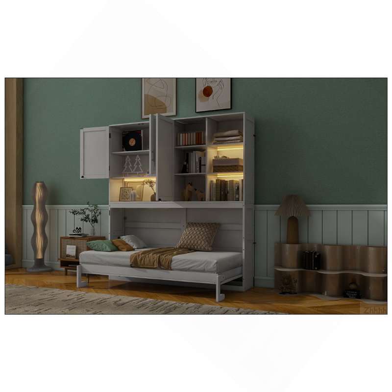 Lit escamotable mural simple avec armoire supérieure, tablettes, lit pliable peu encombrant avec lumière et USB, blanc, White