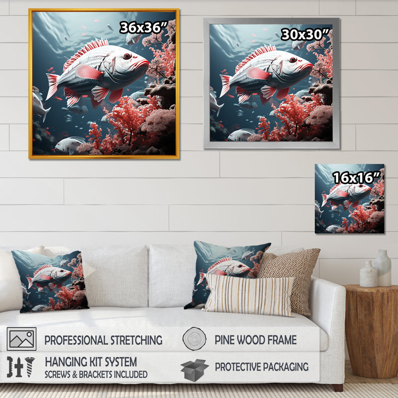 Danse de poissons monochrome rose et gris, Toile tendue, H 30 po x l 30 po x P 1 po