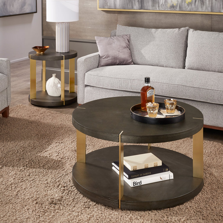 Sula Gold Finish Dark Brown Faux Shagreen Round Table - Coffee Table And End Table Set