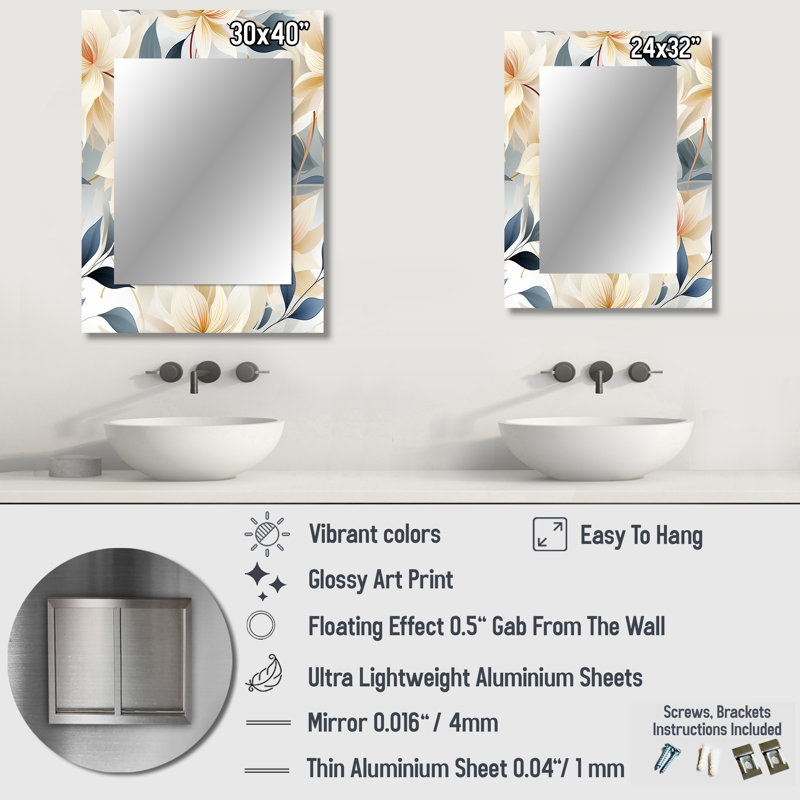 Kimble élégant motif floral ivoire - miroir décoratif floral, miroir mural floral, impression d'art en métal, 32 po x 24 po
