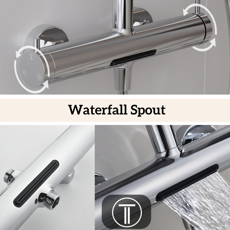 3-Function 10-Inch Rain Shower System With Handheld And Bathtub Waterfall Spout, Chrome