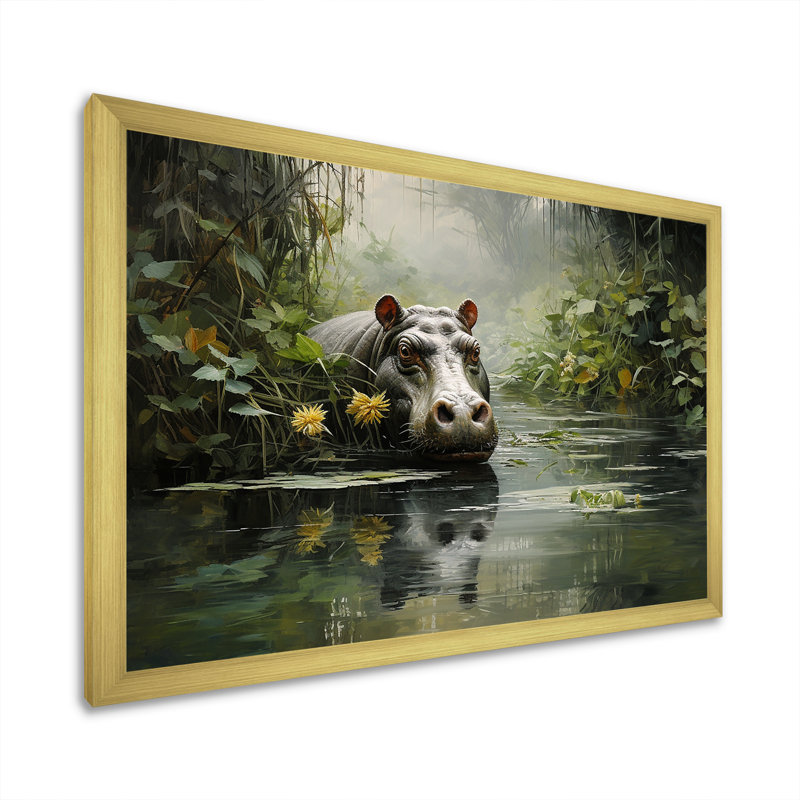 Hippopotame secret hippopotame 2 - art mural hippopotame, Cadre d'angle fermé doré, H 24 po x l 32 po x P 1 po