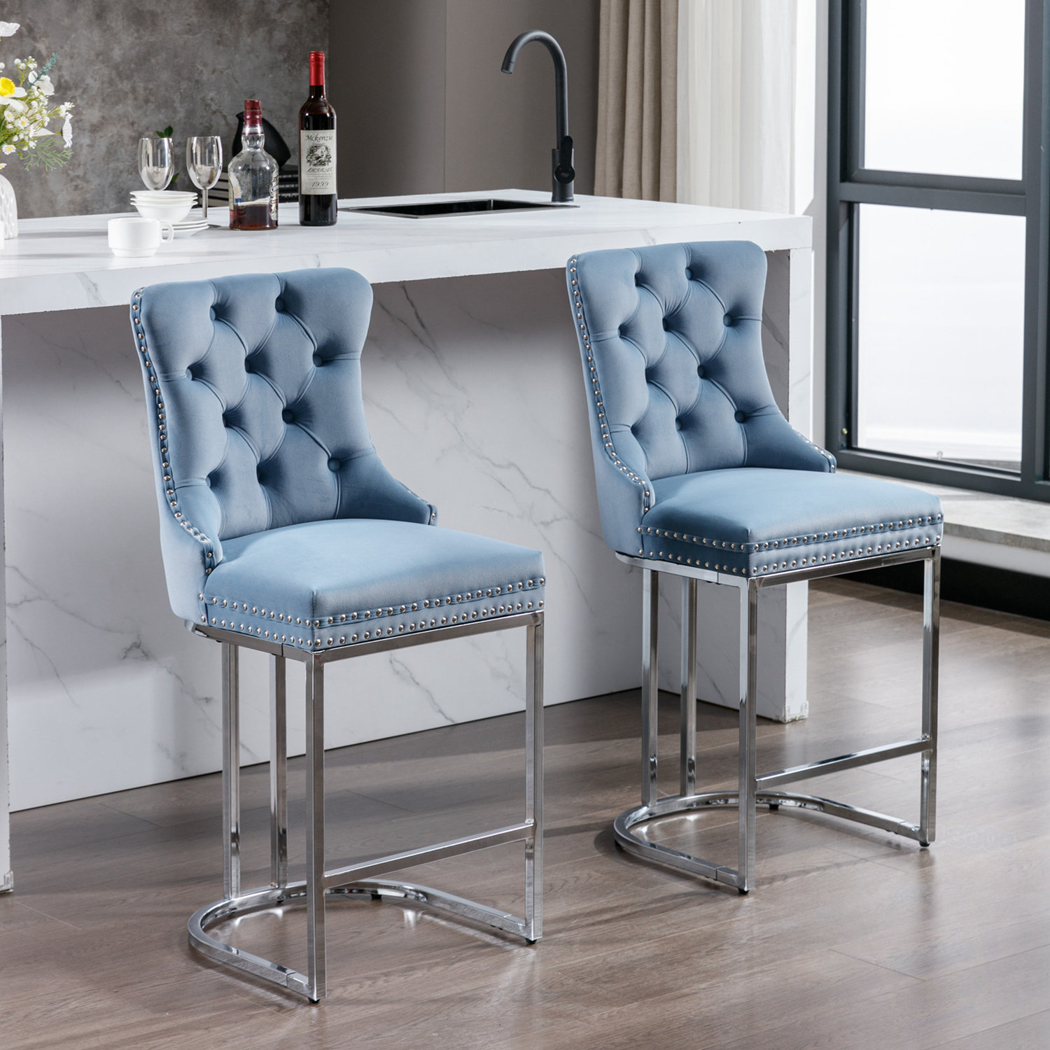Button Back Stools Everly Quinn Bar Stools Set Of 2 With Button Back And Rivet Trim ...
