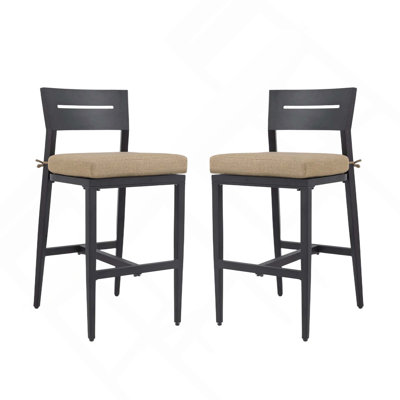 Tabourets de bar d'extérieur modernes avec cadre en aluminium 2 pièces avec dossier ergonomique et coussin Sunbrella pour le jardin, la piscine et l'îlot de cuisine