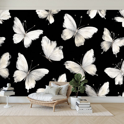 Wall Mural Peel and Stick Wallpaper Creamy Butterflies Dark Elegant Brushstroke Style Self-Adhesive Removable Contact Paper Wall Decor for Living Room Bedroom 100"H x 144"W