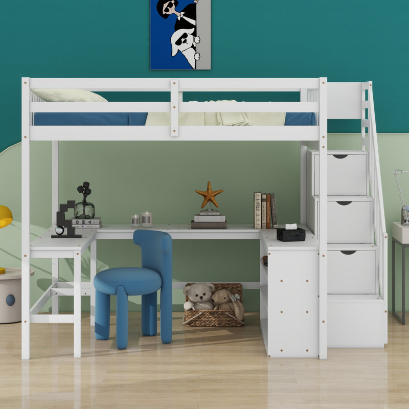 Lit mezzanine avec bureau en L, tablettes de rangement et escalier de rangement attaché, blanc
