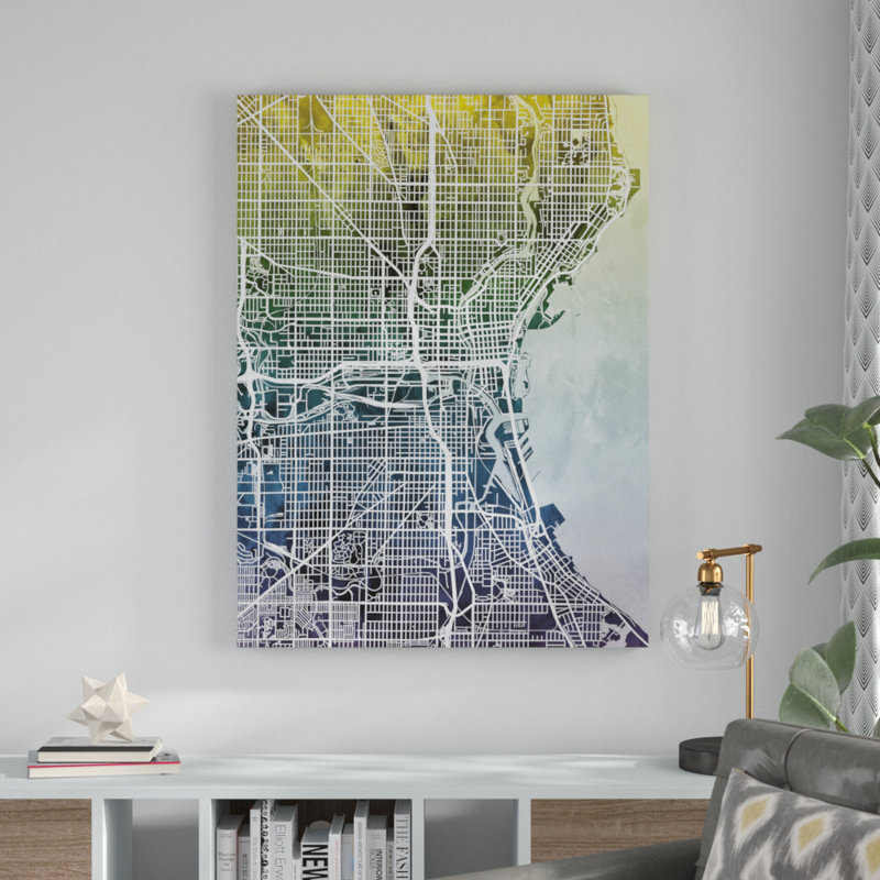 « milwaukee wisconsin city map blue yellow », impression sur toile tendue, H 47 po x l 35 po x P 2 po