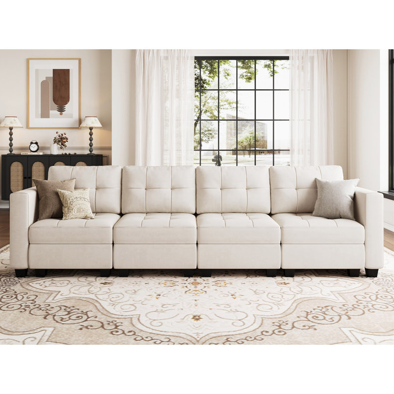 Buckleton Modern Modular Velvet 4 Seat Sofa Convertible Couch with Tufted Cushions and Storage, Beige Velvet
