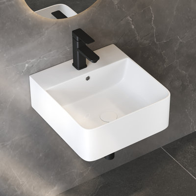 15.7" W x 16.5" D White Rectangular Wall-Mount/Vessel Bathroom Sink with Overflow Hole