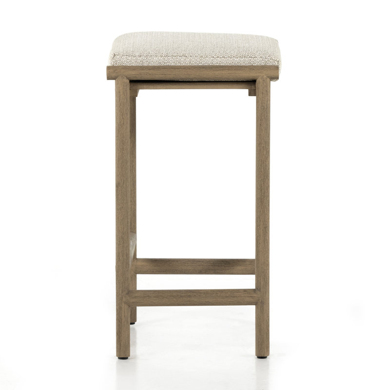 Morene Teak Backless Outdoor Bar Stool with Cushion, Counter Stool (26.46” Seat Height)
