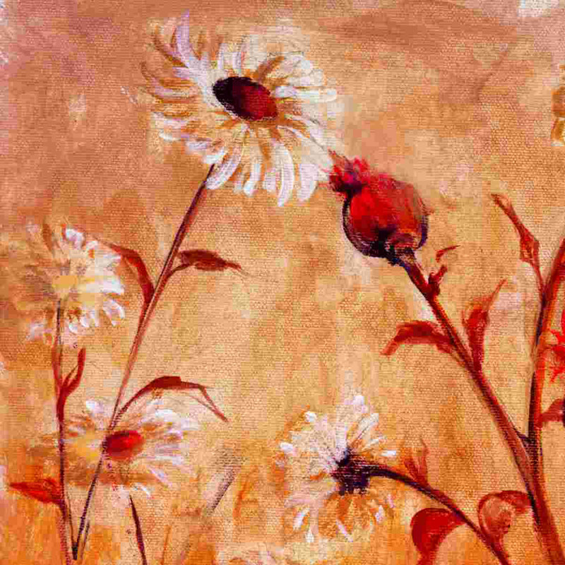 Fleurs et tissu 2 - peinture sur toile tendue, H 12 po x l 12 po