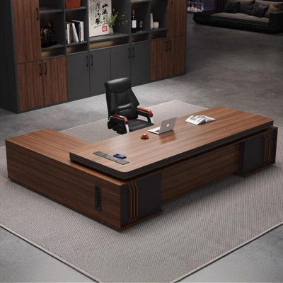 Bureau de 94,49 po moderne en forme de L avec panneau de particules de couleur noyer