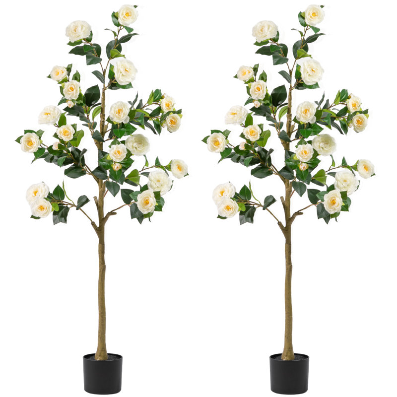 Arbre de camélia artificiel 5 pi, paquet de 2, avec fleurs en fleurs et tronc de bois naturel, 5 pi, White