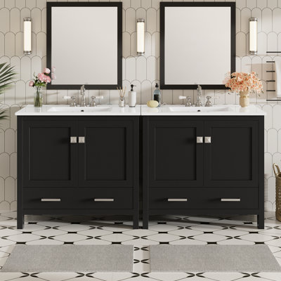 Black Bathroom Vanity with Ceramic Sink, Soft-Close Doors, Double Storage Shelves & Divided Drawer – Modern Bathroom Cabinet with Ample Storage
