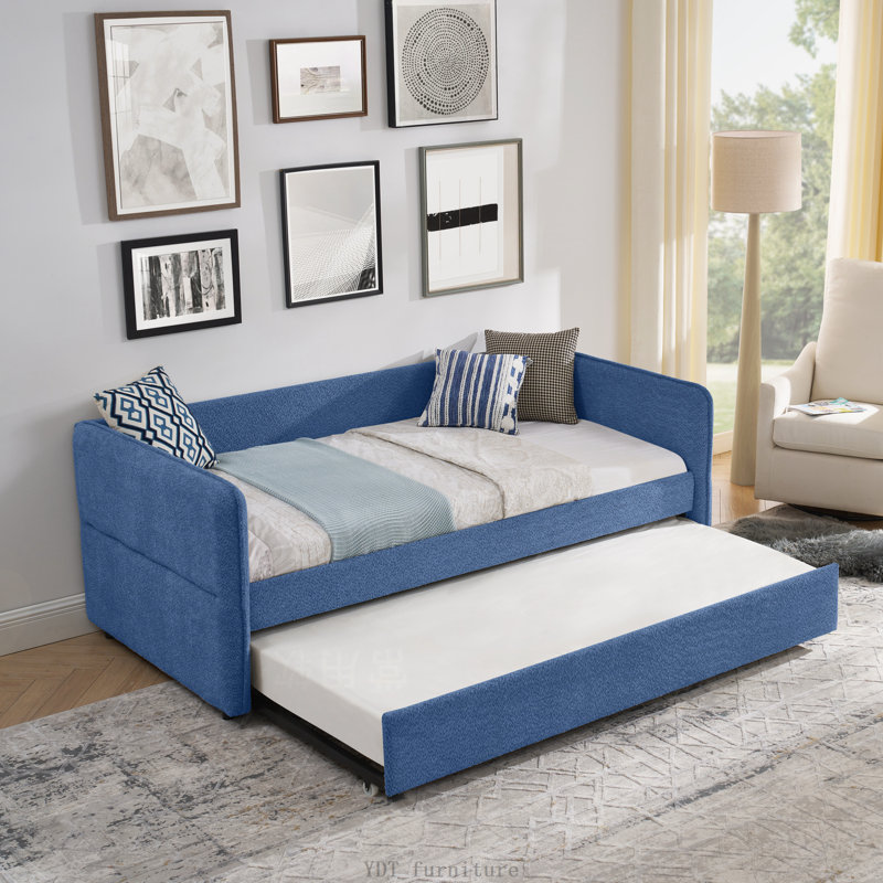 Twin Size Boucle Upholstered Daybed with Pop-Up Trundle | Tufted Sofa Bed, 83"x43"x29.5", Blue, Twin
