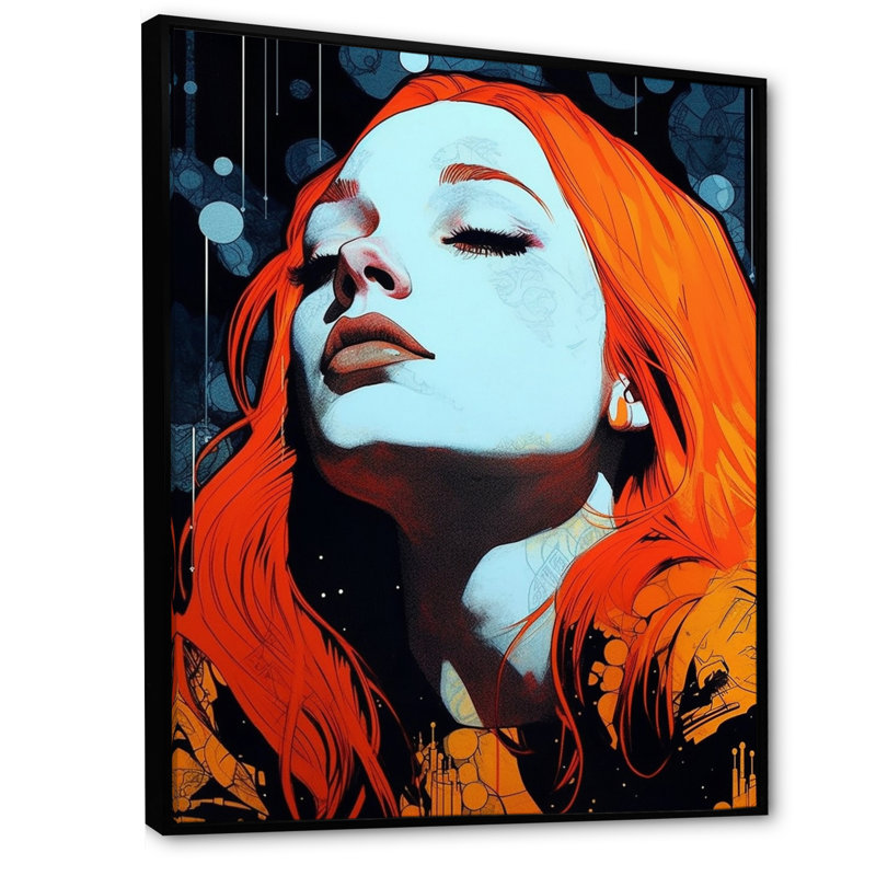 Illustration rétro d'une belle rousse rêveuse, H 32 po x l 16 po x P 1 po, Cadre flottant noir