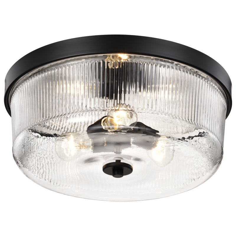 Grayson - Flush Mount - Matte Black Finish - Clear Ribbed Glass, 3 Lights, 7" H x 17.25" W x 17.25" D 