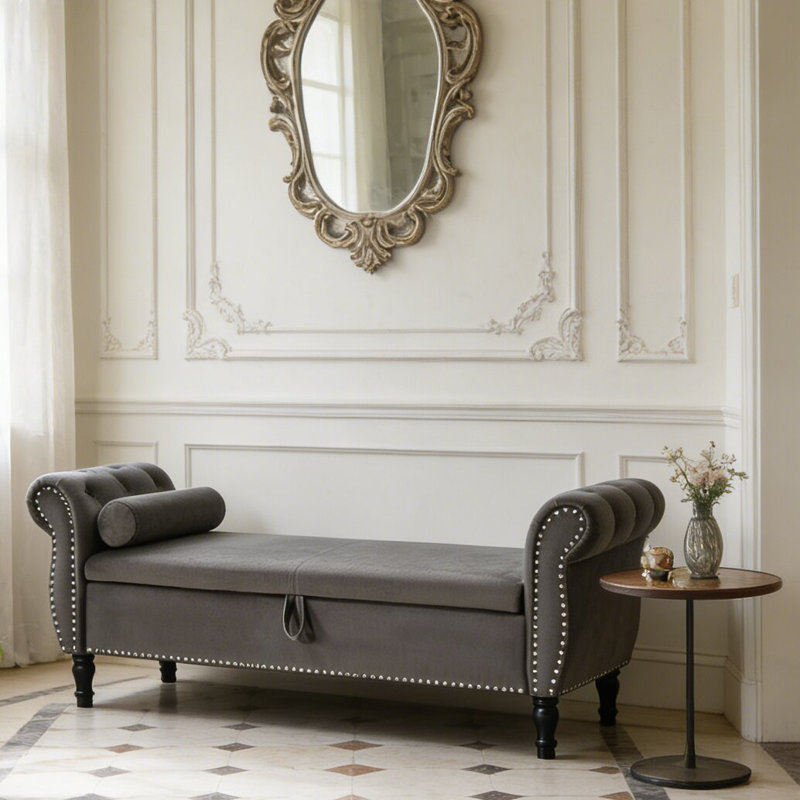 Velvet Upholstered Storage Bench, Gray